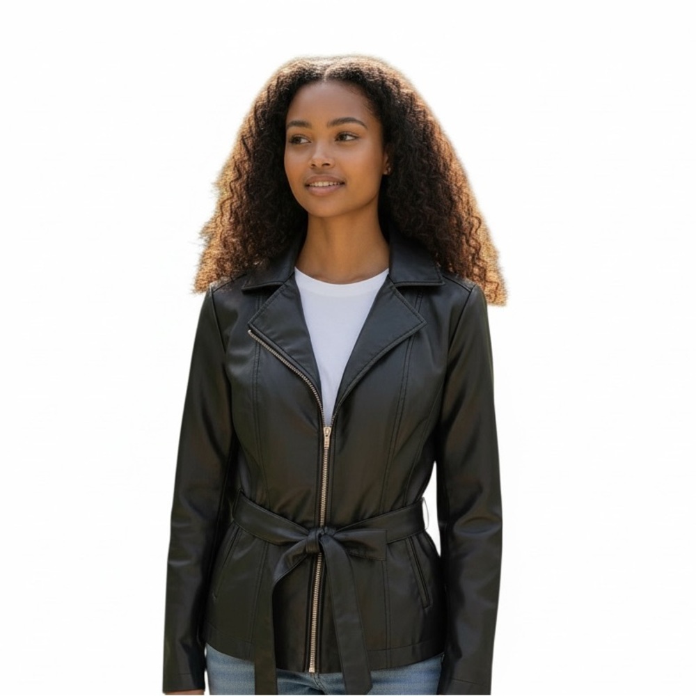 Cole-Haan vegan leather jacket with self tie, size small
